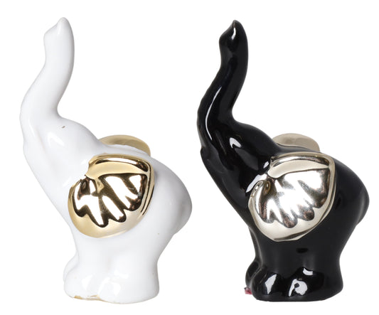 Elefant mini negru cu urechi aurii din ceramică, cu design compact și detalii aurii, perfect pentru a adăuga stil și rafinament în living, birou sau dormitor, un obiect decorativ mic, dar elegant și potrivit pentru cadou.