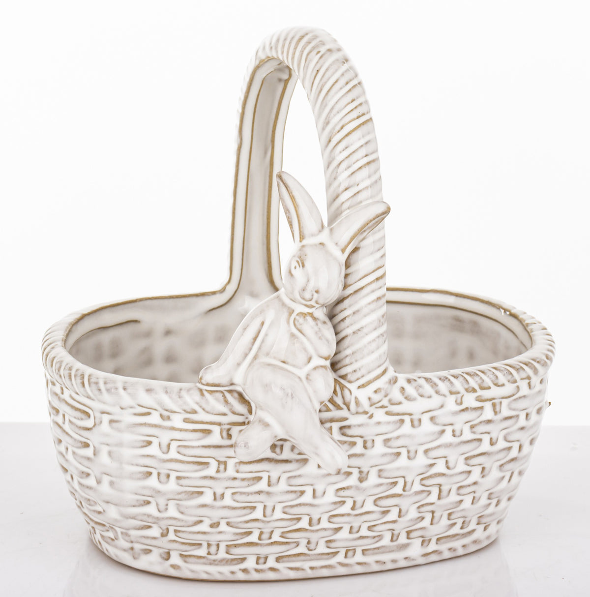 Coș ceramică cu iepuraș decorativ, ideal Paște, primăvară, cadou sezonier și decor casă vesel și elegant.