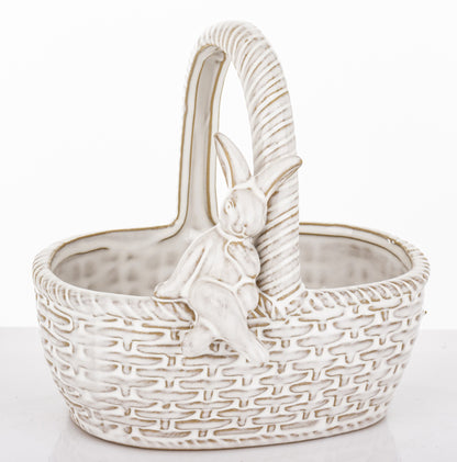 Coș ceramică cu iepuraș decorativ, ideal Paște, primăvară, cadou sezonier și decor casă vesel și elegant.