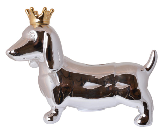 Pușculiță ceramică teckel argintiu cu coroană 23x9x17,5 cm, decor interior și cadou original