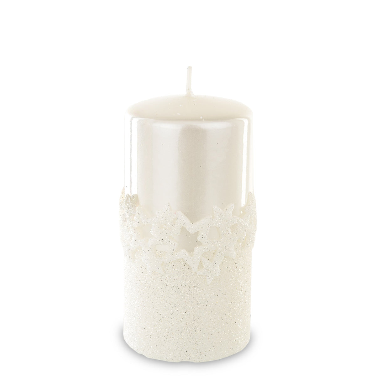 Lumânare albă steluțe sclipici, obiect decorativ pentru decor elegant și mese festive, prezentat ca accent pentru locuință