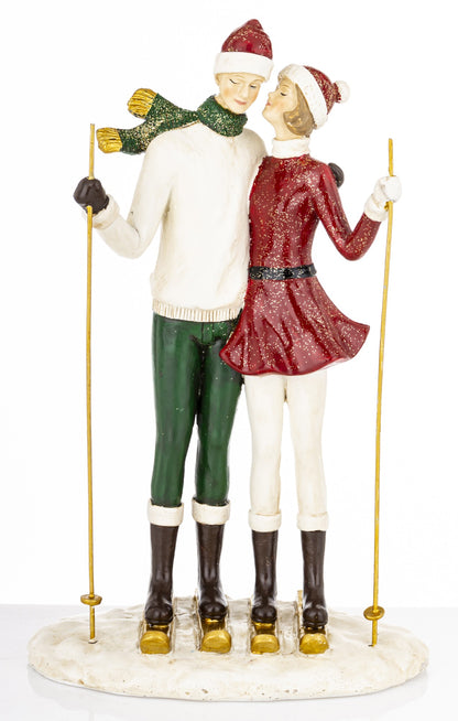 Figurină cuplu pe ski-uri pentru decor de Crăciun, iarnă, cabană și cadouri originale pentru cupluri pasionate de munte.