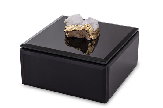 Cutie bijuterii sticlă neagră cu piatră mică 8,5x12x12 cm, cadou elegant și organizator bijuterii, mentha - flori, cadouri și decorațiuni