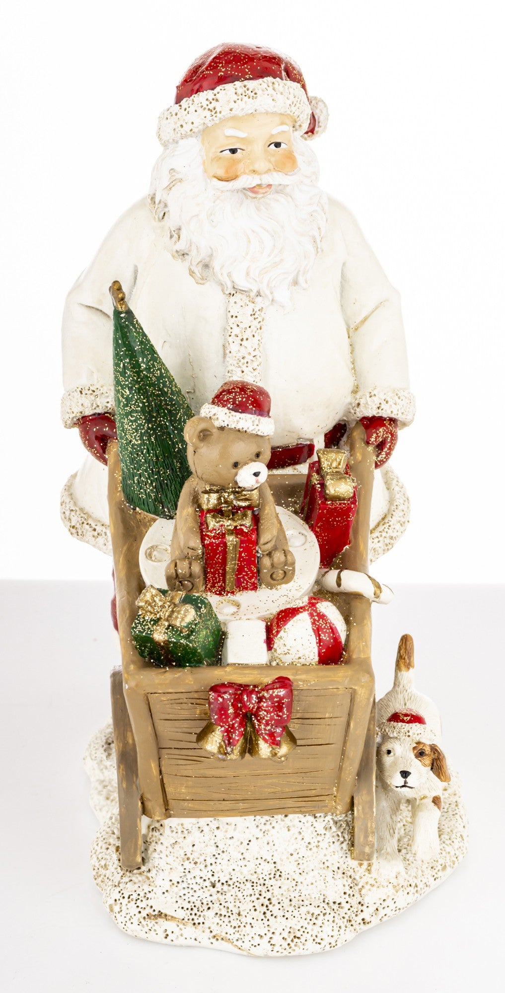 Figurină Moș Crăciun cu roabă de cadouri pentru decorarea casei cu stil și personalitate. Descoperă un obiect decorativ potrivit pentru Crăciun, cadouri pentru.
