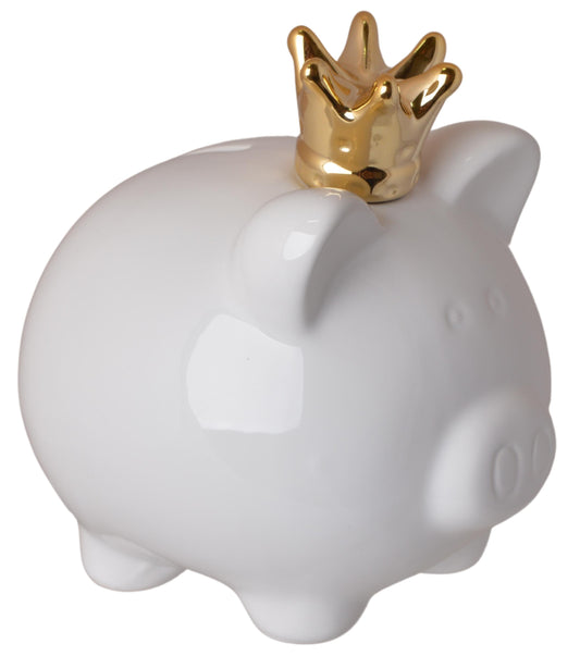 Pușculiță ceramică purceluș mic cu coroană aurie, 12 cm, obiect decorativ și practic, ideal pentru economii sau ca dar original.