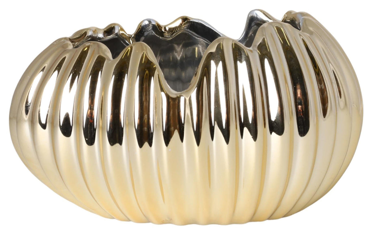 Ghiveci decorativ în formă de ou din ceramică aurie, piesă elegantă pentru decor de Paște sau primăvară. Dimensiunea mică îl face ideal pentru mese festive, vitrine sau colțuri decorative rafinate.
