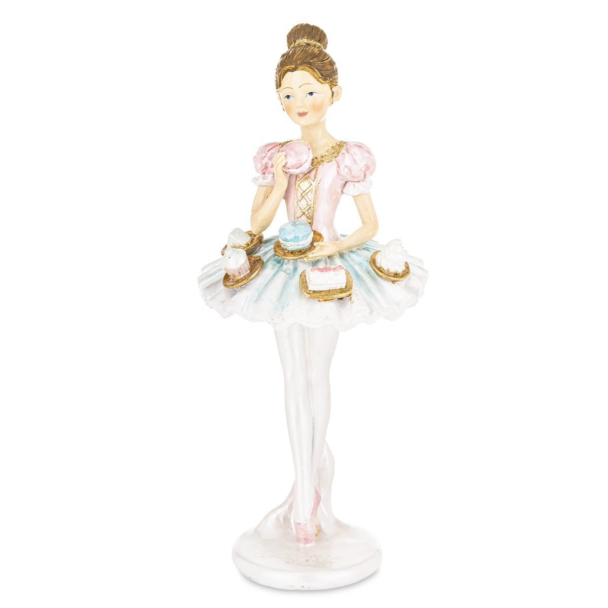 Figurina balerină cu prăjituri în culori pastel este un obiect decorativ delicat, potrivit pentru cei care apreciază compozițiile romantice, jucăușe și pline de detalii. Poate fi așezată pe rafturi, etajere, console, comode sau în vitrine și poate deveni un punct de interes într-o colecție de figurine decorative. Tonurile pastel se potrivesc în amenajări feminine, elegante sau inspirate de lumea dulciurilor și a dansului.