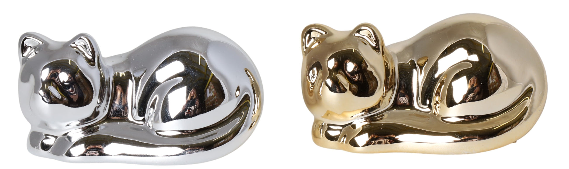 Pisică decorativă ceramică aurie, 8 cm, ornament mic și strălucitor pentru casă sau cadou elegant.