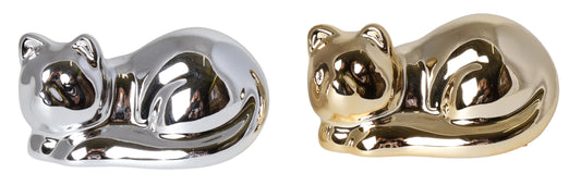 Pisică decorativă ceramică aurie, 8 cm, ornament mic și strălucitor pentru casă sau cadou elegant.