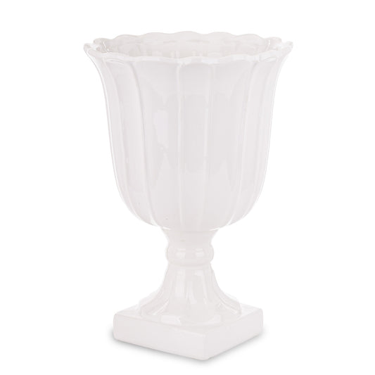 Vază albă ceramică cu picior 40x27x27 cm, suport pentru flori mari, decor sofisticat și cadou elegant