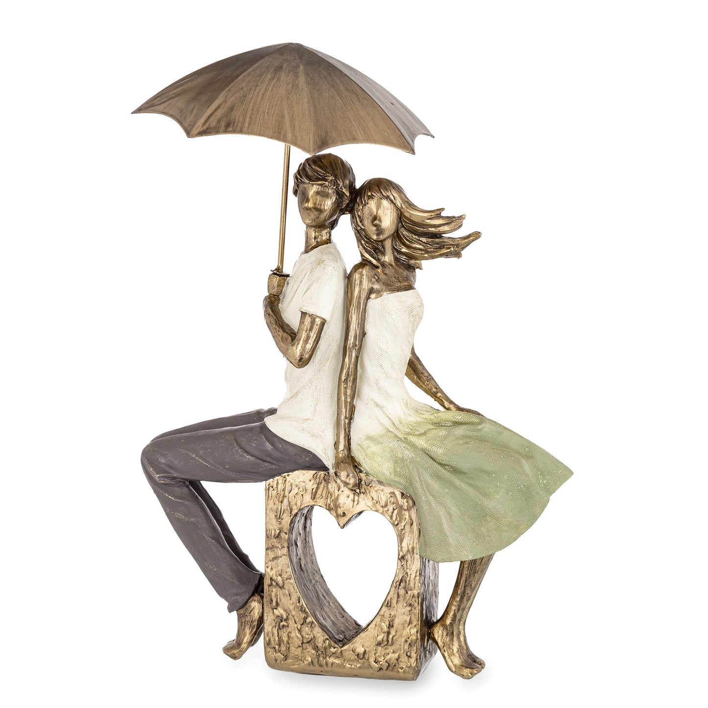 Figurină cuplu cu umbrelă pe inimă, 31x21x8,5 cm, cadou romantic și decor elegant.