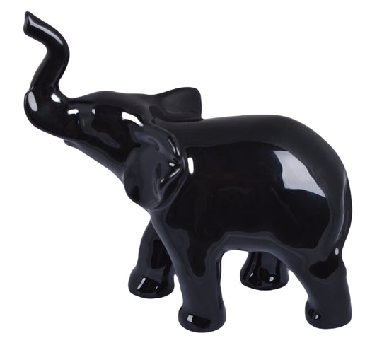 Figurină ceramică cu elefant negru, detaliu elegant, dimensiuni 16,5x8,5x19 cm, decor modern.