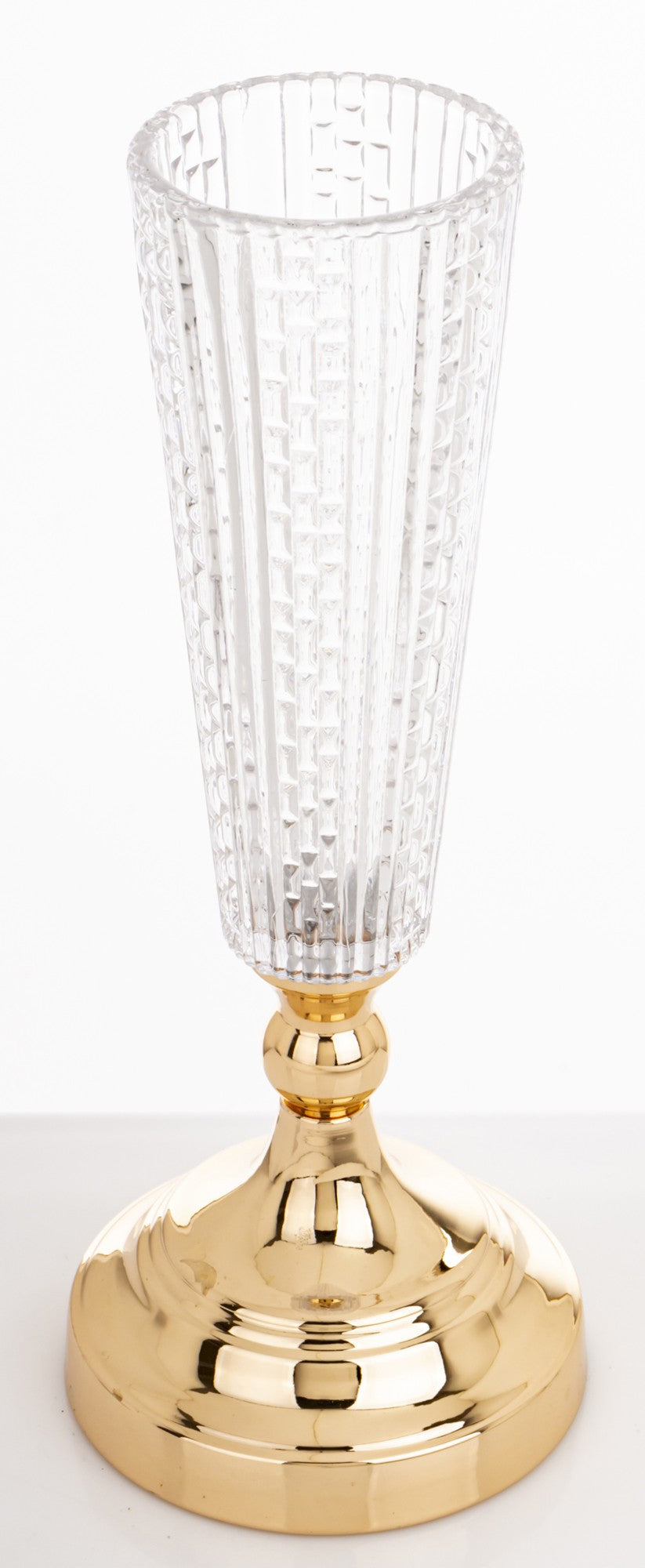 Vază sticlă cu picior auriu decorativă, ideală flori și decor interior elegant modern.