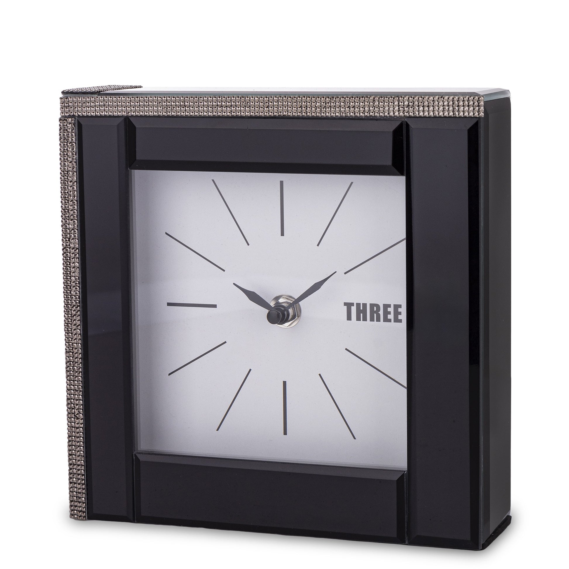 Ceas sticlă negru 18 cm, accesoriu decorativ modern pentru casă sau birou.