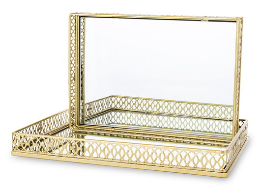 Tavă aurie mică din metal și sticlă cu oglindă, 34x24x4,5 cm, un obiect decorativ elegant, potrivit pentru servire și decor festiv.