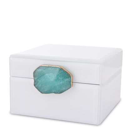 Cutie bijuterii sticlă albă cu piatră turcoaz mică 8x12x13 cm, cadou elegant și organizator bijuterii, mentha - flori, cadouri și decorațiuni