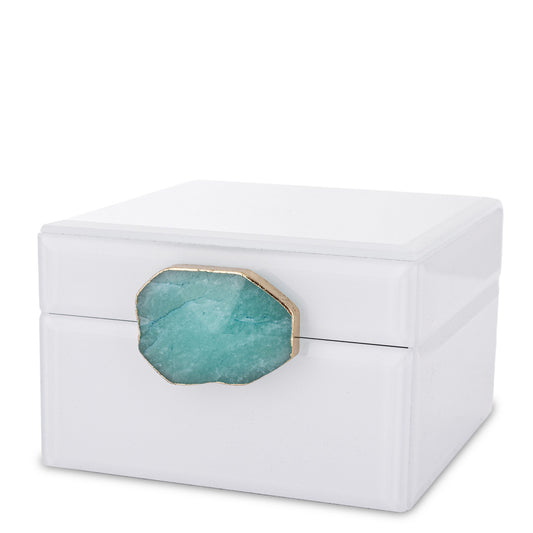 Cutie bijuterii sticlă albă cu piatră turcoaz mică 8x12x13 cm, cadou elegant și organizator bijuterii, mentha - flori, cadouri și decorațiuni