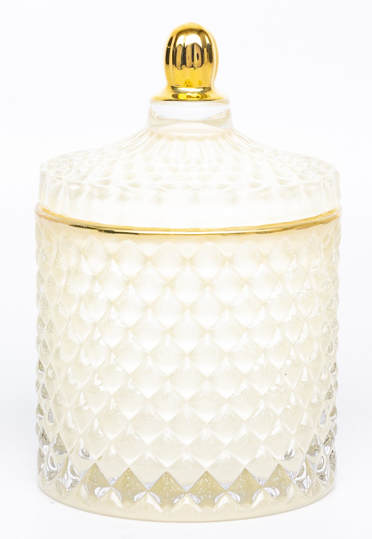 Bombonieră din sticlă alb auriu, ideală cadou casă nouă, aniversări și decor interior elegant premium.