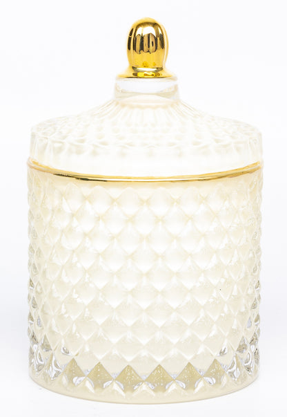 Bombonieră din sticlă alb auriu, ideală cadou casă nouă, aniversări și decor interior elegant premium.