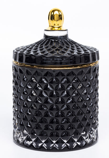 Bombonieră sticlă neagră cu auriu 13x8,5x8,5 cm