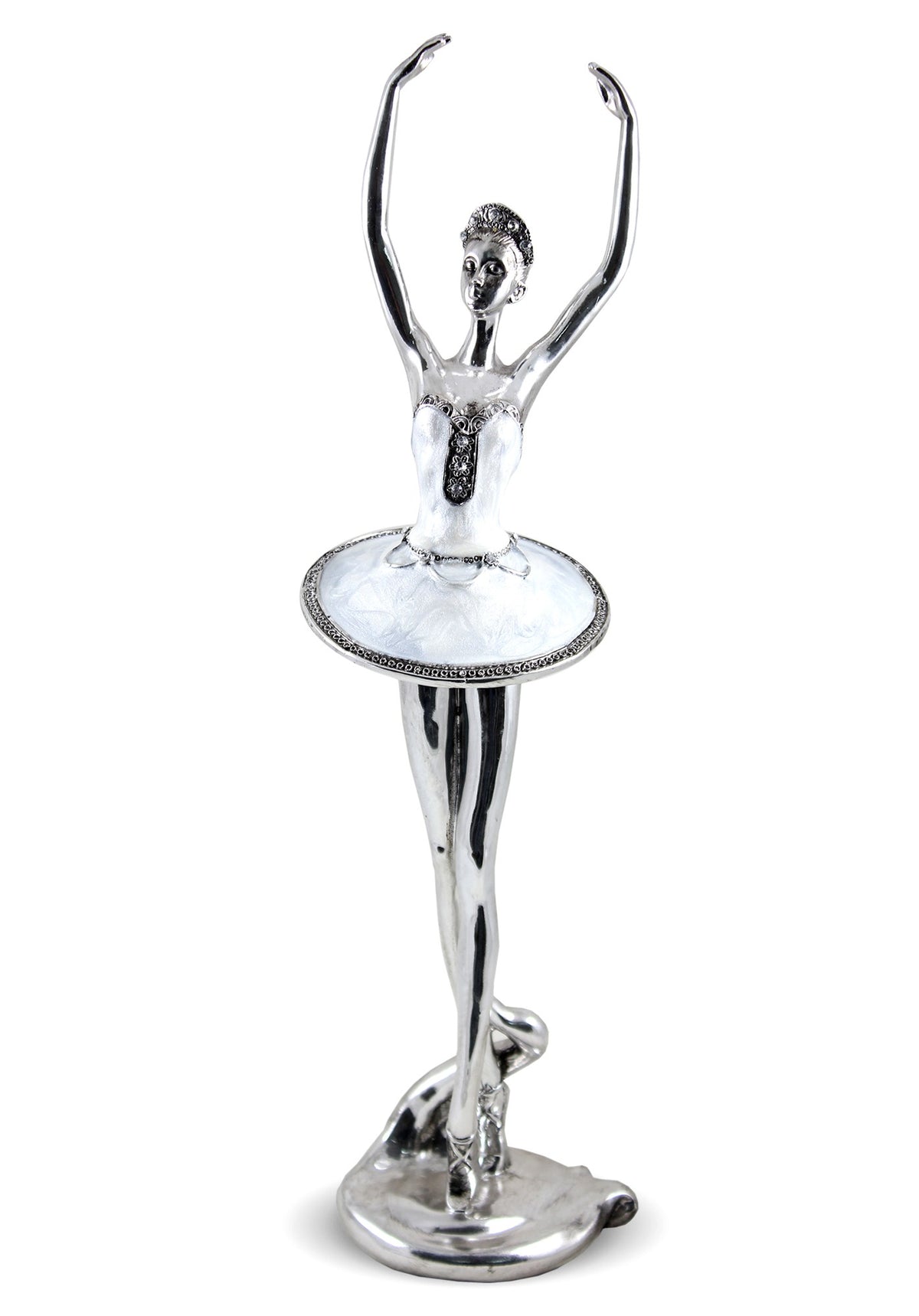 Figurină decorativă balerină perlată cu pietre alb-argintii, o piesă spectaculoasă care transmite grație, eleganță și rafinament artistic. Este ideală pentru living, birou sau spații premium și devine un punct focal decorativ. Perfectă ca dar elegant pentru aniversări sau casă nouă.