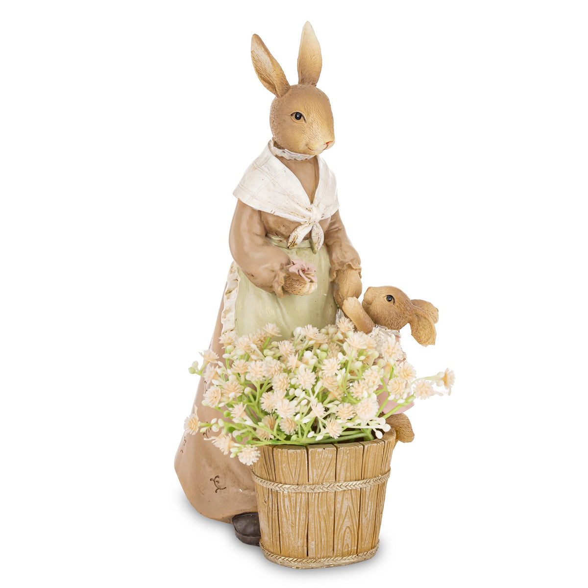 Figurină decorativă mama iepuraș cu coș de flori, simbol al familiei, primăverii și grijii materne. Este perfectă pentru decor de Paște sau primăvară și aduce un aer cald și vesel în casă. Ideală ca dar pentru familie, copii sau cadouri sezoniere.