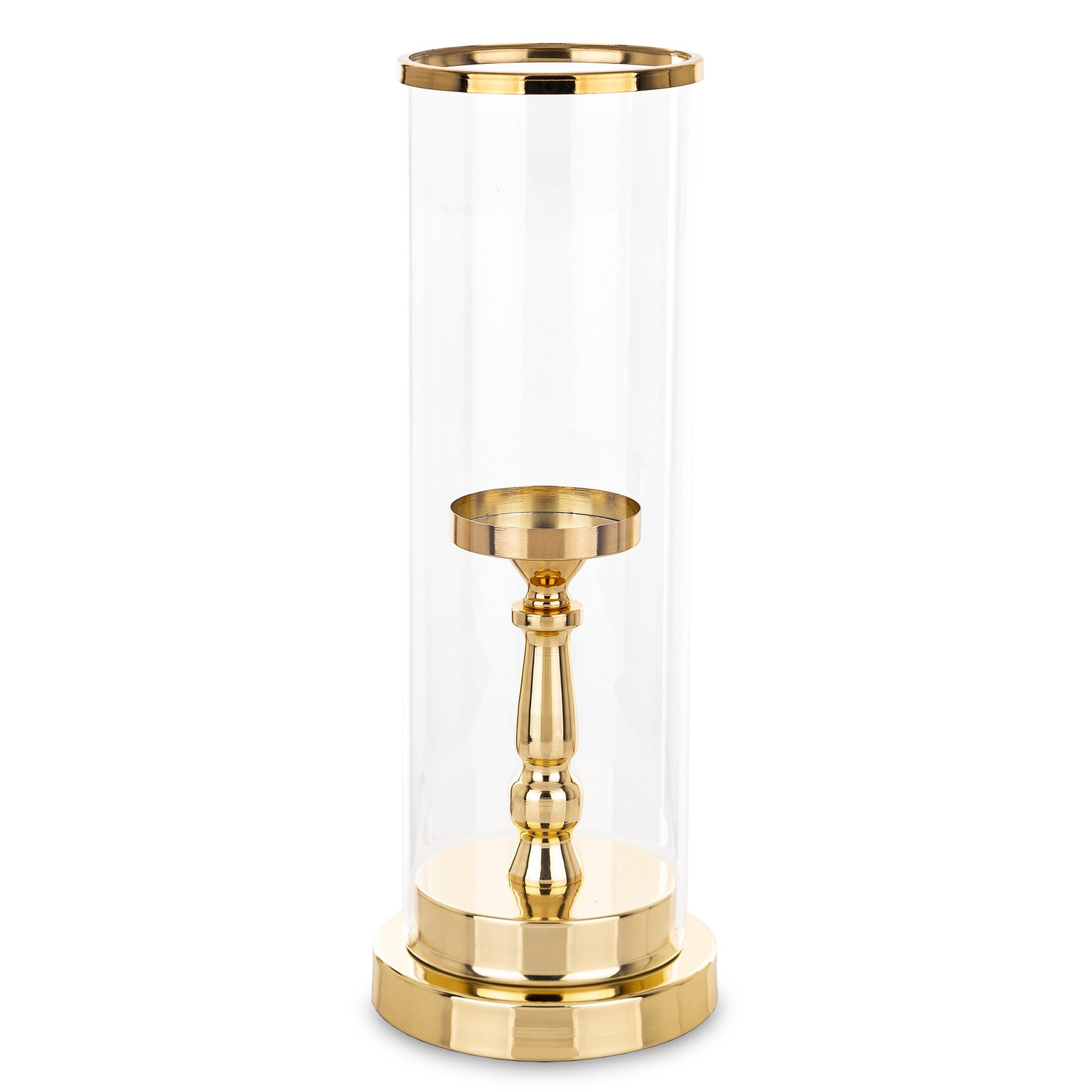 Sfeșnic decorativ auriu 41 cm, din metal și sticlă, ornament elegant pentru casă, birou sau decor festiv.