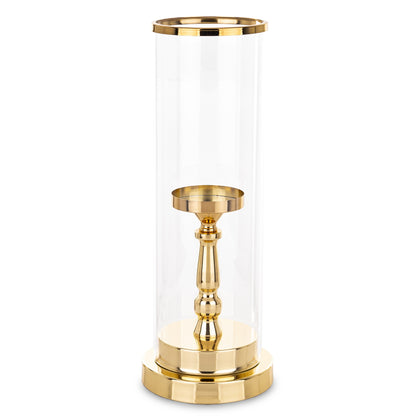Sfeșnic decorativ auriu 41 cm, din metal și sticlă, ornament elegant pentru casă, birou sau decor festiv.