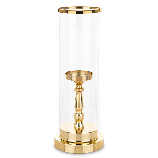 Sfeșnic decorativ auriu 41 cm, din metal și sticlă, ornament elegant pentru casă, birou sau decor festiv.