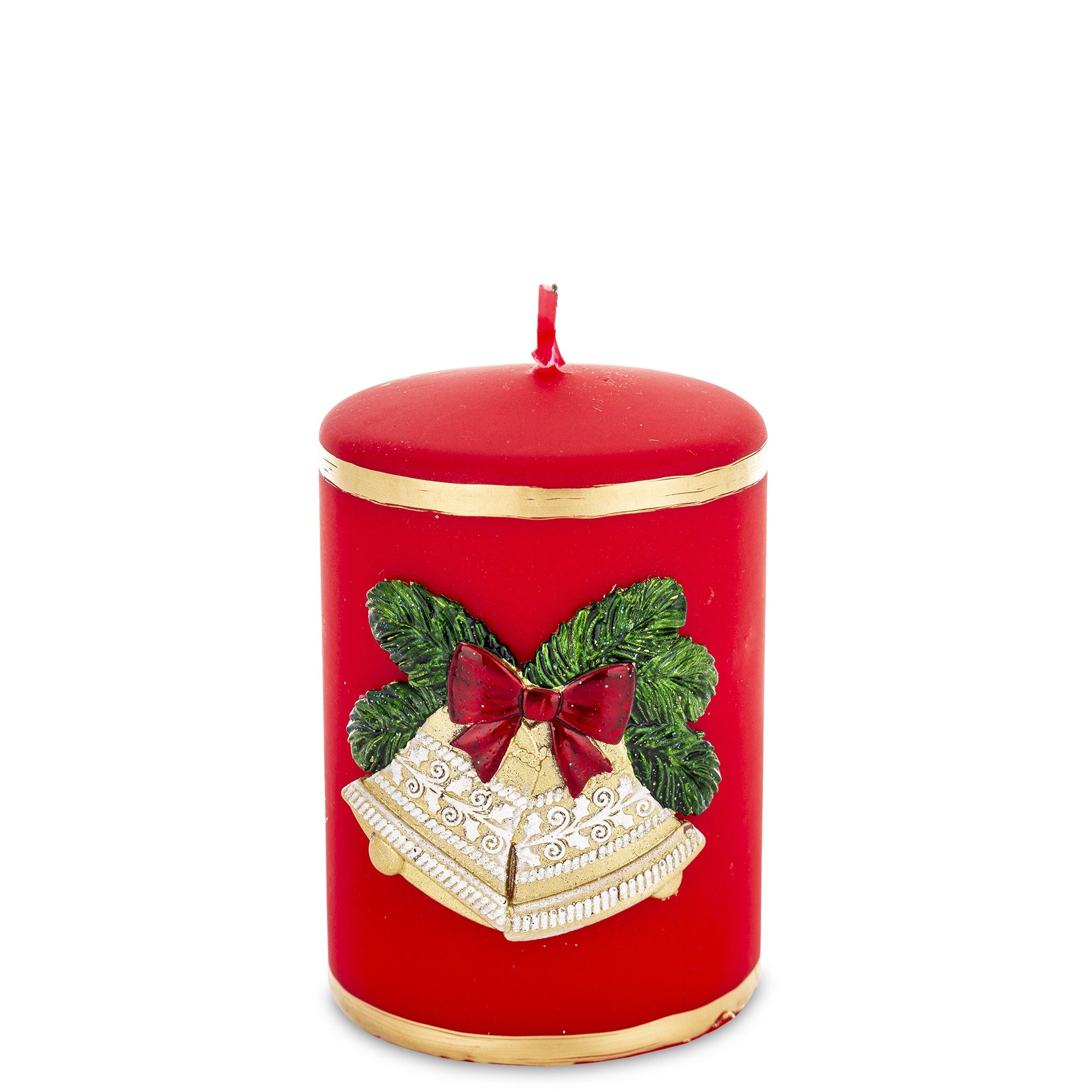 Lumânare Crăciun roșie mică clopoței 10x7x7 cm, cadou de Crăciun ideal pentru decoruri festive.