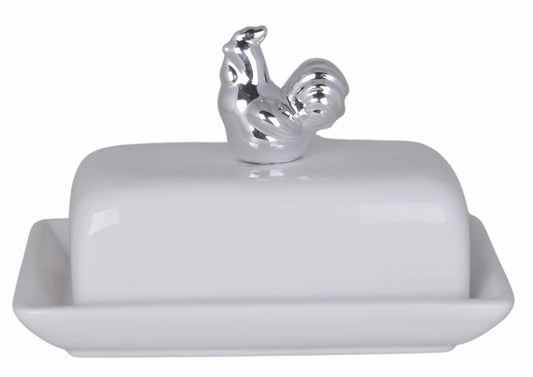 Untieră ceramică cocoș argintiu, 18,5x11,5x13 cm, piesă practică și decorativă pentru bucătărie sau dining, perfectă și ca dar inspirat.
