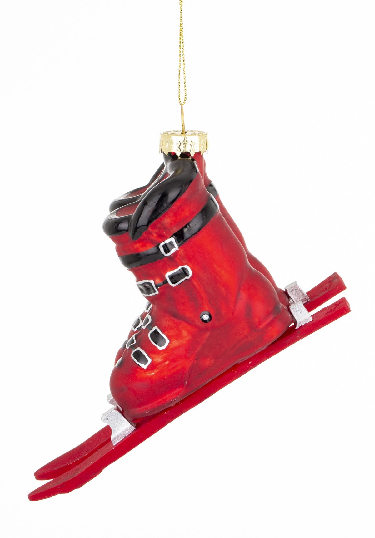 Glob de Crăciun clăpari ski roșii, ornament unic pentru brad, ideal cadou pentru iubitorii de ski și iarnă.