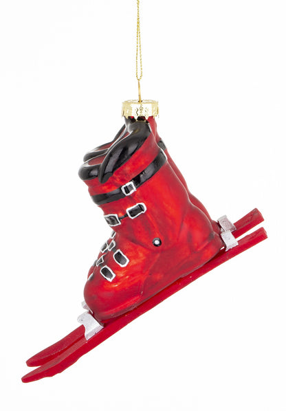 Glob de Crăciun clăpari ski roșii, ornament unic pentru brad, ideal cadou pentru iubitorii de ski și iarnă.
