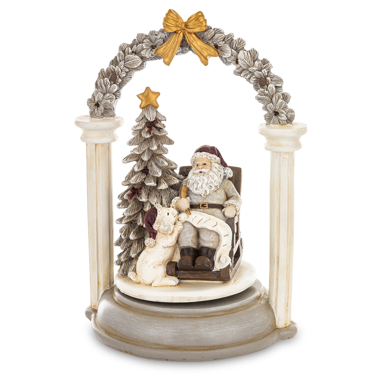 Caruselul muzical cu Moș Crăciun și brad este o decorațiune festivă care poate aduce un plus de farmec și nostalgie în amenajarea de Crăciun. Poate fi așezat pe masă, comodă, consolă, raft sau în vitrină și poate deveni un punct de atracție în decorul de sărbători. Combinația dintre Moș Crăciun și brad îl transformă într-un obiect potrivit pentru atmosfera de iarnă și pentru amenajările dedicate familiei. Este o idee de cadou de Crăciun potrivită pentru copii, părinți, bunici, colecționari