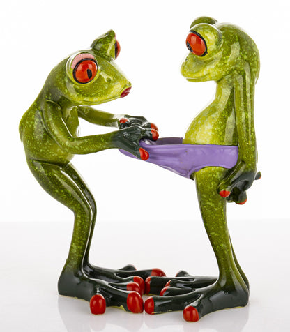Figurină decorativă cu broaște curioase și indiscrete, obiect amuzant pentru raft, birou, bibliotecă sau colecție și idee de cadou original