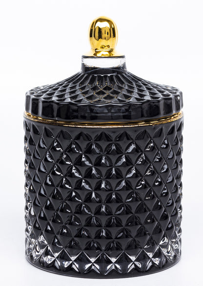 Bombonieră sticlă neagră cu auriu 13x8,5x8,5 cm