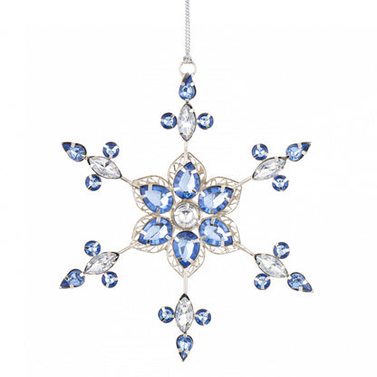 Glob fulg de zăpadă metalic cu pietre albastre, obiect decorativ pentru decor sezonier și interior, prezentat ca accent pentru locuință