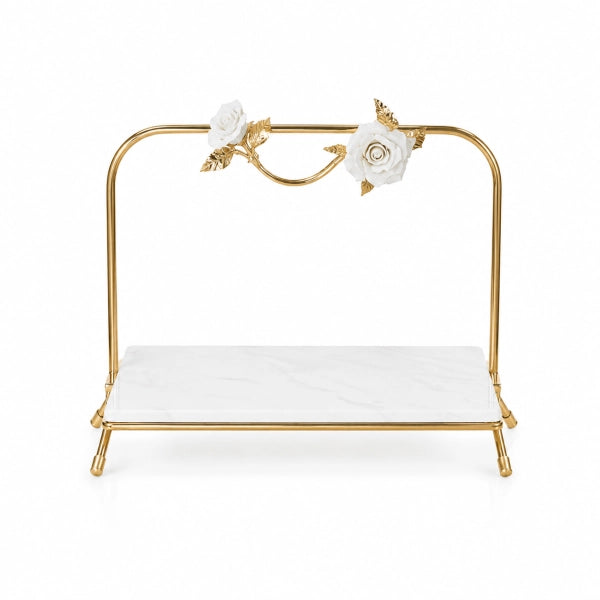 Platou marmură auriu cu trandafiri, obiect decorativ pentru masă, consolă și decor, prezentat ca accent pentru locuință