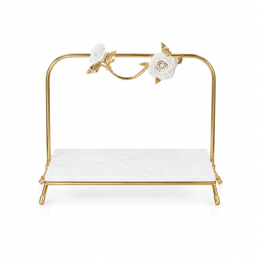 Platou marmură auriu cu trandafiri, obiect decorativ pentru masă, consolă și decor, prezentat ca accent pentru locuință