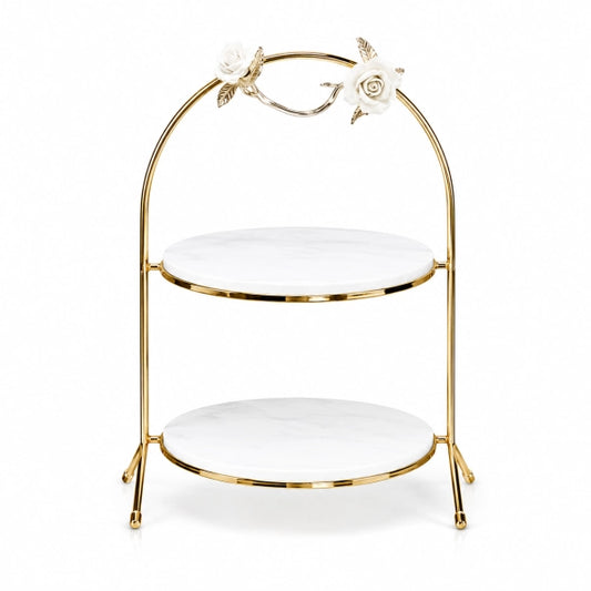 Platou auriu din marmură cu trandafiri 2 etaje, obiect decorativ pentru masă, consolă și decor, prezentat ca accent pentru locuință