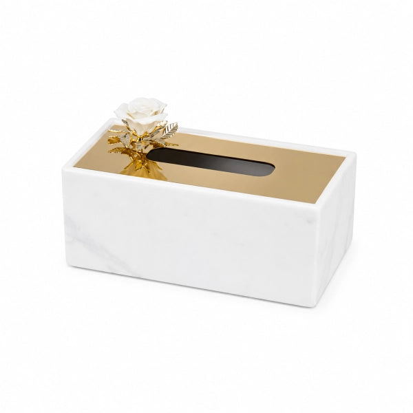 Cutie șervețele marmură auriu cu trandafiri, obiect decorativ pentru amenajări elegante, prezentat ca accent pentru locuință