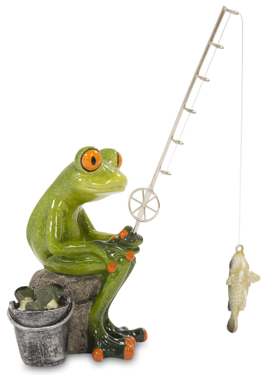Figurină broască pescar din rășină, 18x12x7 cm, cu detalii amuzante și expresive, perfectă pentru decor și cadouri haioase.