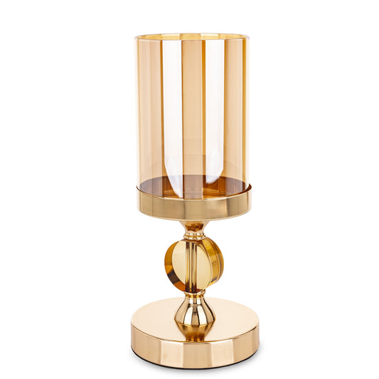 Sfeșnic auriu fumuriu cu disc de cristal 29x12x12 cm, decor interior elegant și cadou, mentha - flori, cadouri și decorațiuni