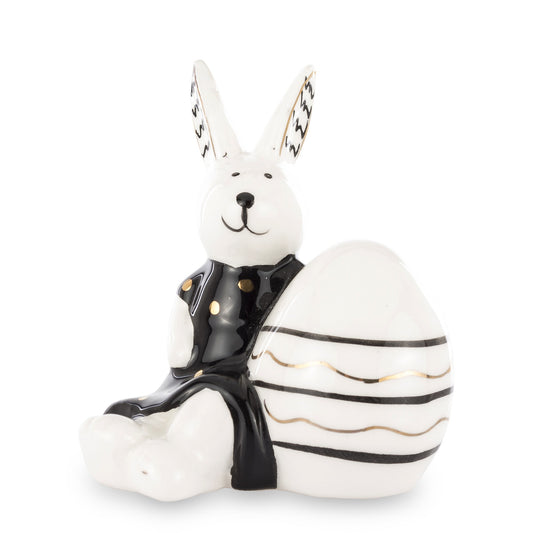 Figurină iepure cu ou alb-negru 8,5x7,5x7 cm, obiect decorativ Paște, mentha - flori, cadouri și decorațiuni
