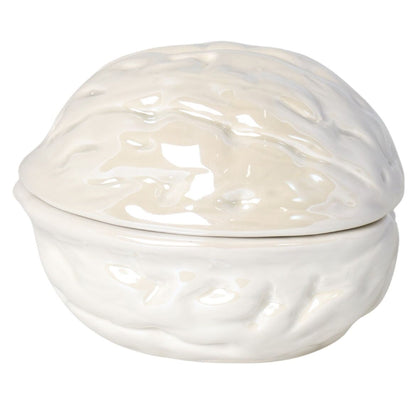 Bombonieră ceramică mică în formă de nucă bej, 9x7x7 cm, un obiect decorativ elegant și practic, potrivit pentru dulciuri, bijuterii sau cadouri speciale.