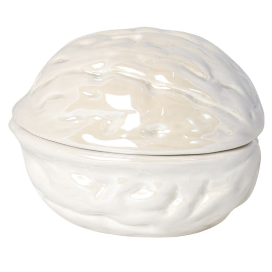 Bombonieră ceramică mică în formă de nucă bej, 9x7x7 cm, un obiect decorativ elegant și practic, potrivit pentru dulciuri, bijuterii sau cadouri speciale.