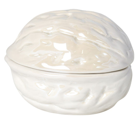 Bombonieră din ceramică alb perlat în formă de nucă, 9x7x7 cm, ideală pentru depozitarea bomboanelor sau ca decor elegant, perfectă pentru living, bucătărie sau ca dar rafinat.