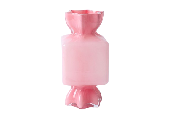 Vază decorativă din sticlă tip bomboană roz, cu design jucăuș și elegant în același timp. Este perfectă pentru decoruri feminine, camere luminoase sau spații creative. Adaugă un accent dulce și modern în orice interior.