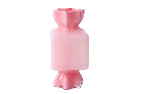 Vază decorativă din sticlă tip bomboană roz, cu design jucăuș și elegant în același timp. Este perfectă pentru decoruri feminine, camere luminoase sau spații creative. Adaugă un accent dulce și modern în orice interior.