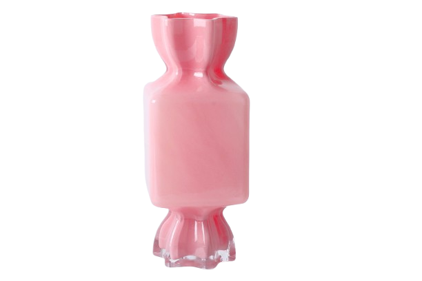 Vază decorativă din sticlă bomboană roz, varianta mare, ideală pentru decor statement în living sau spații elegante. Forma sa rotundă și culoarea delicată creează un efect vizual puternic și sofisticat. Perfectă pentru flori voluminoase sau decor de impact.